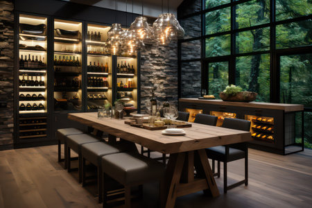 Interior of a restaurant with a wooden table and chairs. 3d renderingの素材
