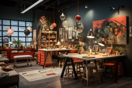 Interior of a modern art studio with paintings, lamps and decorationsの素材