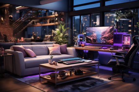 Interior of a modern loft living room with furniture and TV. 3D renderingの素材