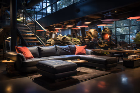 Interior of a modern coffee shop with black leather sofasの素材