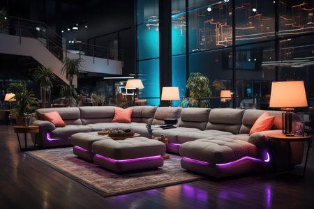 Modern living room interior design with sofas and cushions.の素材