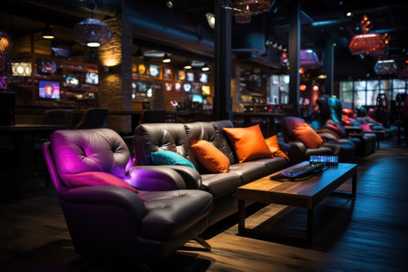 Interior of a night club with a comfortable sofa and a TV setの素材