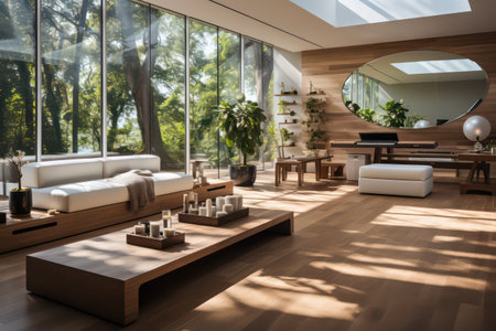 Interior of modern living room with wooden and glass walls, wooden floor and white sofa. 3d renderingの素材