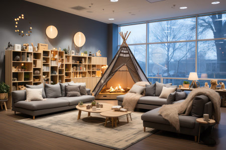 Interior of a living room with a teepee and a fireplaceの素材