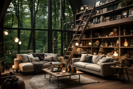 Interior of a cozy living room with a fireplace, sofa and bookshelves. 3d renderingの素材