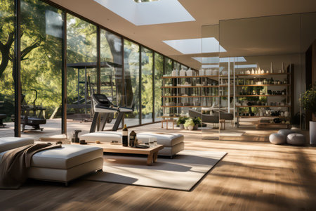 Modern living room interior with wooden floor and glass wall. 3d renderingの素材