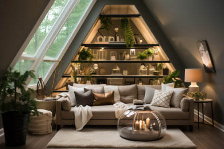 Interior of modern living room with fireplace, sofa and bookshelfの素材