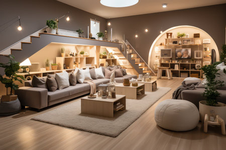 Interior of modern living room with sofa, coffee table and bookshelfの素材