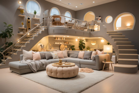 Interior of modern living room with sofa, coffee table and stairsの素材