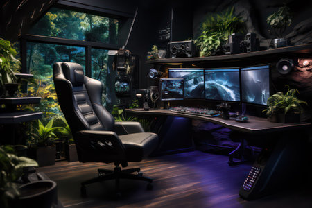 3d rendering of a computer room with a view of the jungleの素材