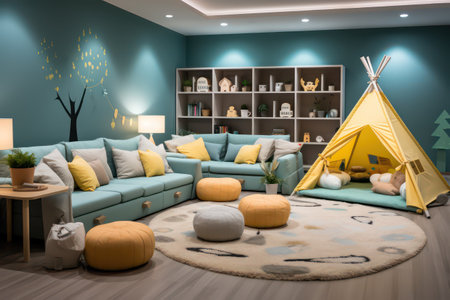 Interior of a childrens room with a blue sofa and a yellow tent. 3d renderingの素材