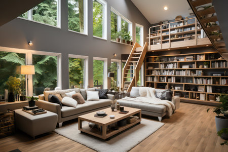 Interior of modern living room with furniture and bookcase. 3d renderingの素材