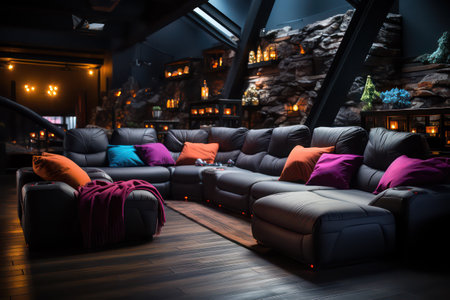 Interior of modern living room with black leather sofa and pillowsの素材