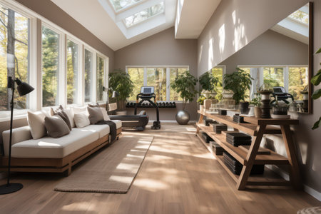 Interior of a modern living room with a brown sofa, a table and a coffee tableの素材