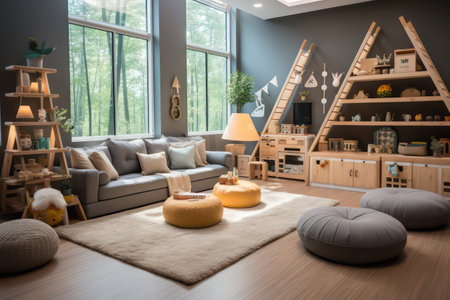 Interior of modern living room with gray sofa and wooden toys.の素材