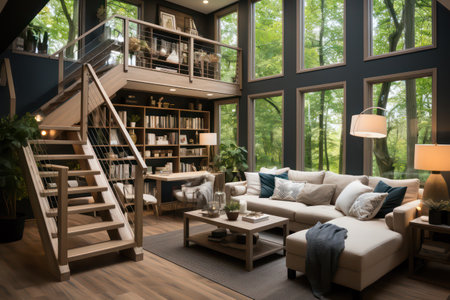 Interior of modern living room with wooden stairs and sofa 3D renderingの素材