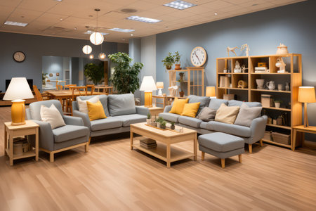 Modern living room interior with sofa, coffee table and bookshelfの素材
