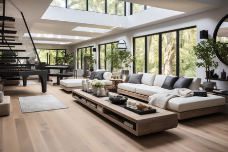 Interior of modern living room with sofa and wooden coffee table.の素材
