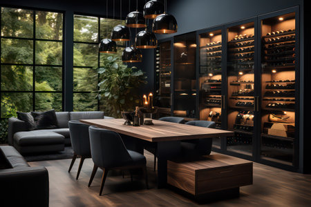 Interior of modern cafe with black walls, wooden floor, dark gray sofa and wooden table with black chairs. 3d renderingの素材