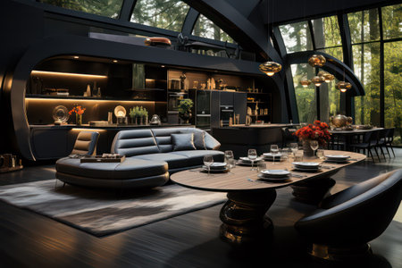 Luxury interior of a restaurant with black furniture. 3d renderの素材