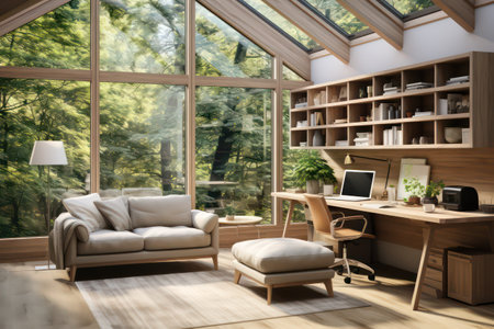 Interior of modern living room with panoramic window, wooden floor, sofa and bookshelf. 3d renderingの素材