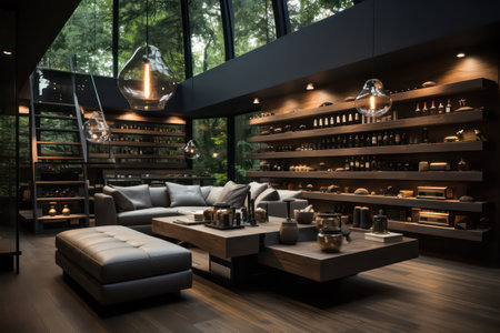Interior of the modern living room with a wooden floor, sofa and coffee tableの素材