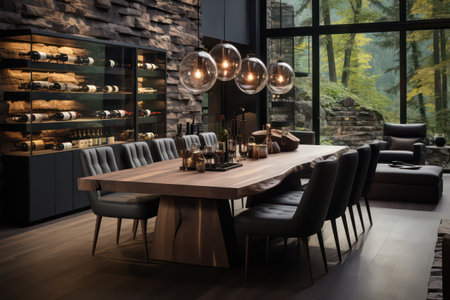 modern dining room interior design with black chairs and wooden table, 3d renderの素材