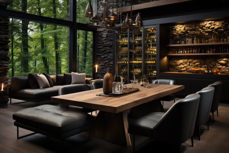 Interior of a modern restaurant with wooden furniture. 3d renderingの素材