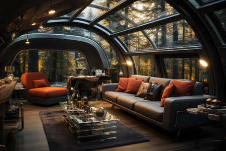 Interior of a modern living room with a view of the mountainsの素材
