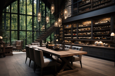 Interior of a restaurant with a wooden table and chairs. 3d renderingの素材