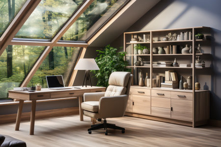 Interior of modern living room with panoramic window, bookshelf and armchairの素材