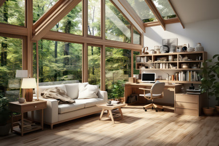 Interior of a modern living room with a garden view, 3d renderの素材