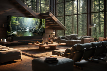 Interior of a modern living room with a large window and a view of the forestの素材