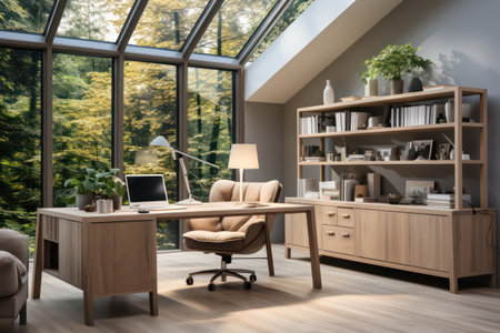 Interior of modern office with panoramic window. 3d renderingの素材