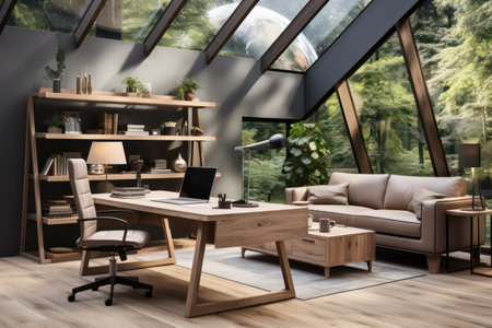 Interior of modern living room with gray walls, wooden floor, comfortable sofa and bookcase with folders. 3d renderingの素材