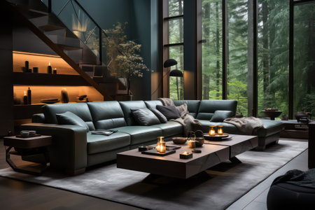 Interior of modern living room with green sofa, 3d renderの素材