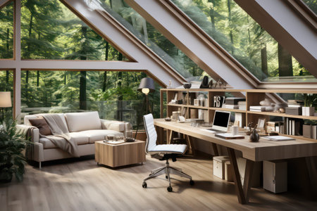 Interior of a modern living room with a window overlooking the forestの素材