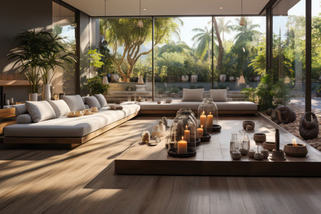 Interior of modern living room with coffee table and sofasの素材
