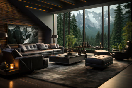 Interior of a modern living room with a panoramic view of the mountains. 3D renderingの素材