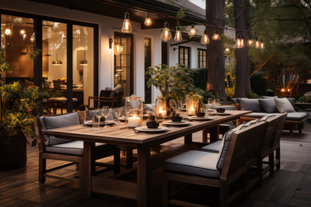 Elegant restaurant in the evening. Wooden table and chairs.の素材