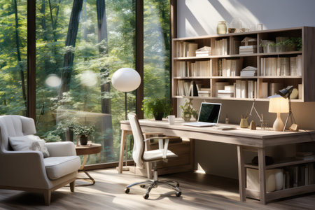 Comfortable workplace with laptop, bookshelf and armchair in roomの素材