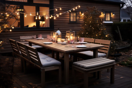Luxury wooden terrace with table and chairs in the eveningの素材