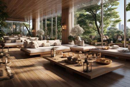 3D rendering of a modern living room interior design with a wooden floorの素材