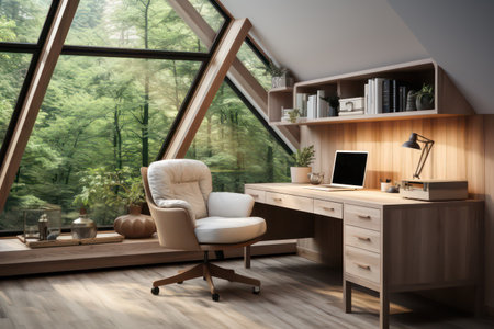 Interior of attic living room with computer and bookcase. 3d renderingの素材