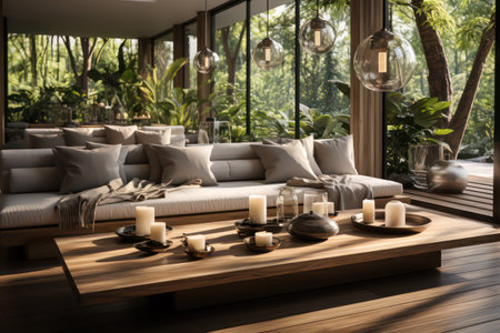 Interior of modern living room with sofa, coffee table and candlesの素材