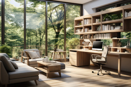 Interior of modern office with wooden walls, wooden floor, comfortable armchairs and bookcase with folders. 3d renderingの素材