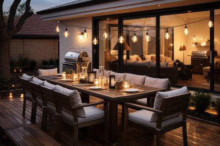Luxury terrace with wooden furniture in the garden at nightの素材