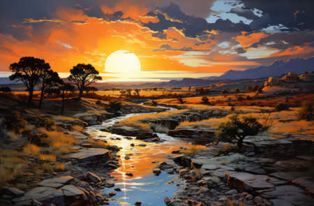 Sunset over the river in the desert. Digital painting illustration.の素材