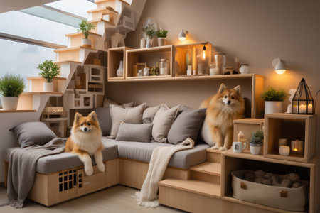 Beautiful shiba inu dog in cozy living room at homeの素材