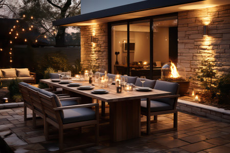 Luxury terrace in the garden at night. Evening lightingの素材